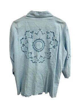 Susan Graver Style Light Blue Button-Front Blouse L Back Design Cutout Country